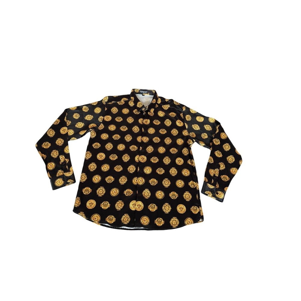 Bogosse Mens Black Gold Medallion Sun Crown Print Satin Button Up Shirt Large